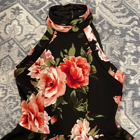 B Darlin Skater Dress, Black with Pink Peony Print - Picture 2 of 10